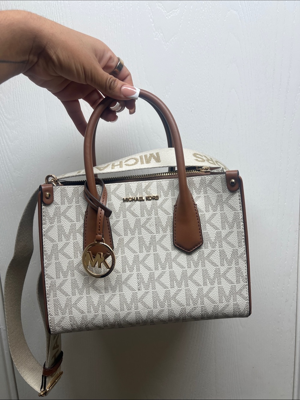 Michael Kors Brown and White Signature Mini Satchel